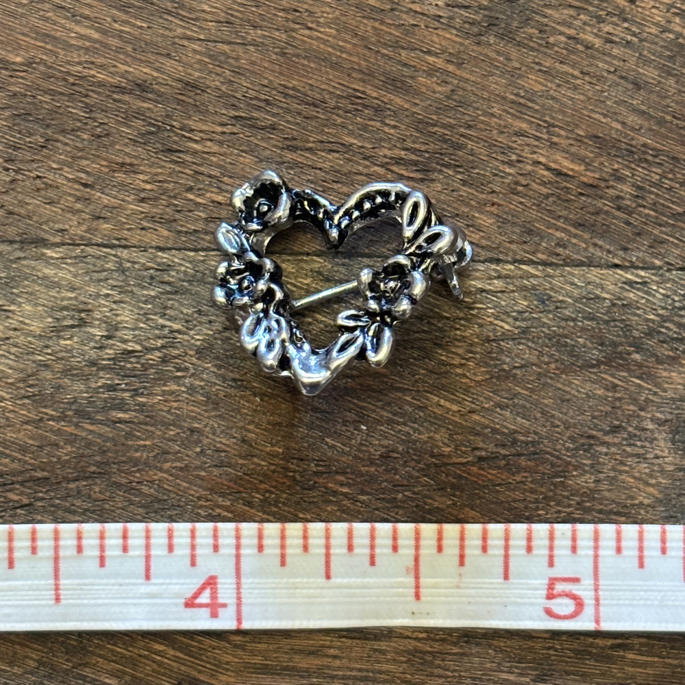 Ornate Floral Heart Faux Marcasite Brooch Antiqued Silver Tone